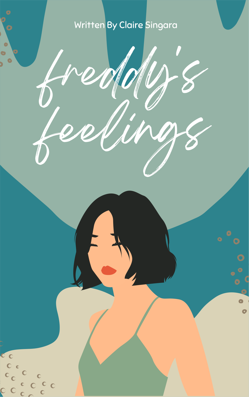 Book cover of Freddy's Feelings. The title is in a handwritten font against a blue and white background. A drawing of a woman with soulder lenght black hair at the bottom